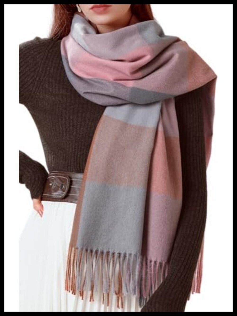 Thick Warm Plaid Blanket Scarf with Tassels Oversized Shawl Wrap Women